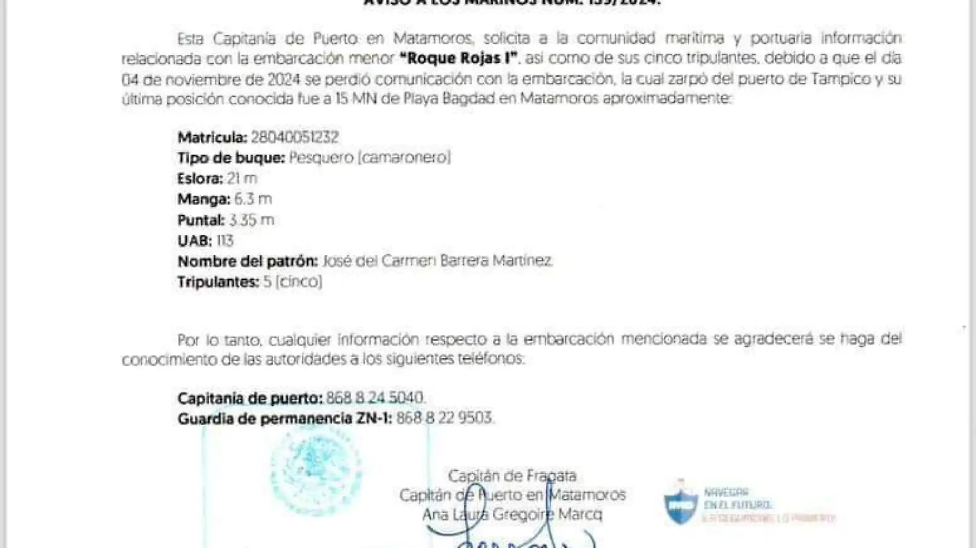 La Capitanía de Puerto de Matamoros emitió un comunicado al respecto